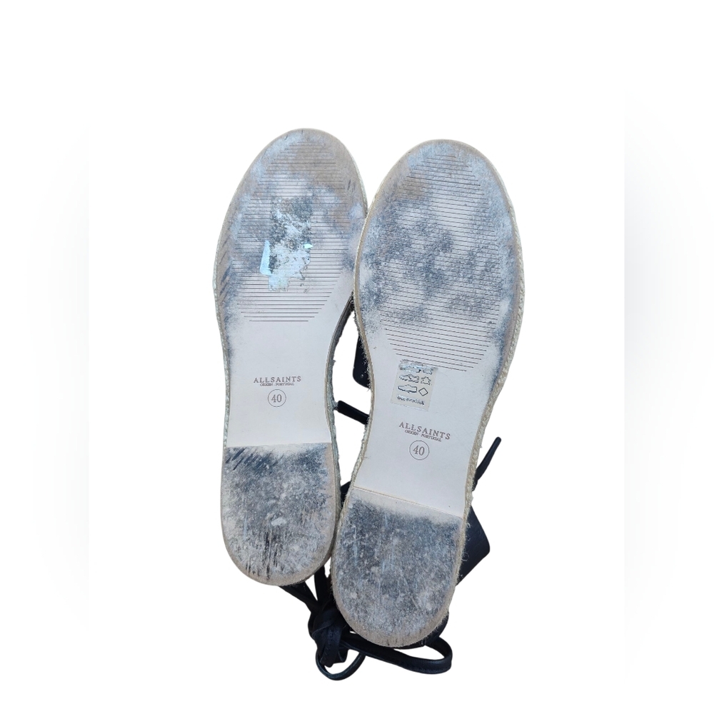 All Saints Black Leather Espadrille Ankle Tie Flats - Picture 7 of 9